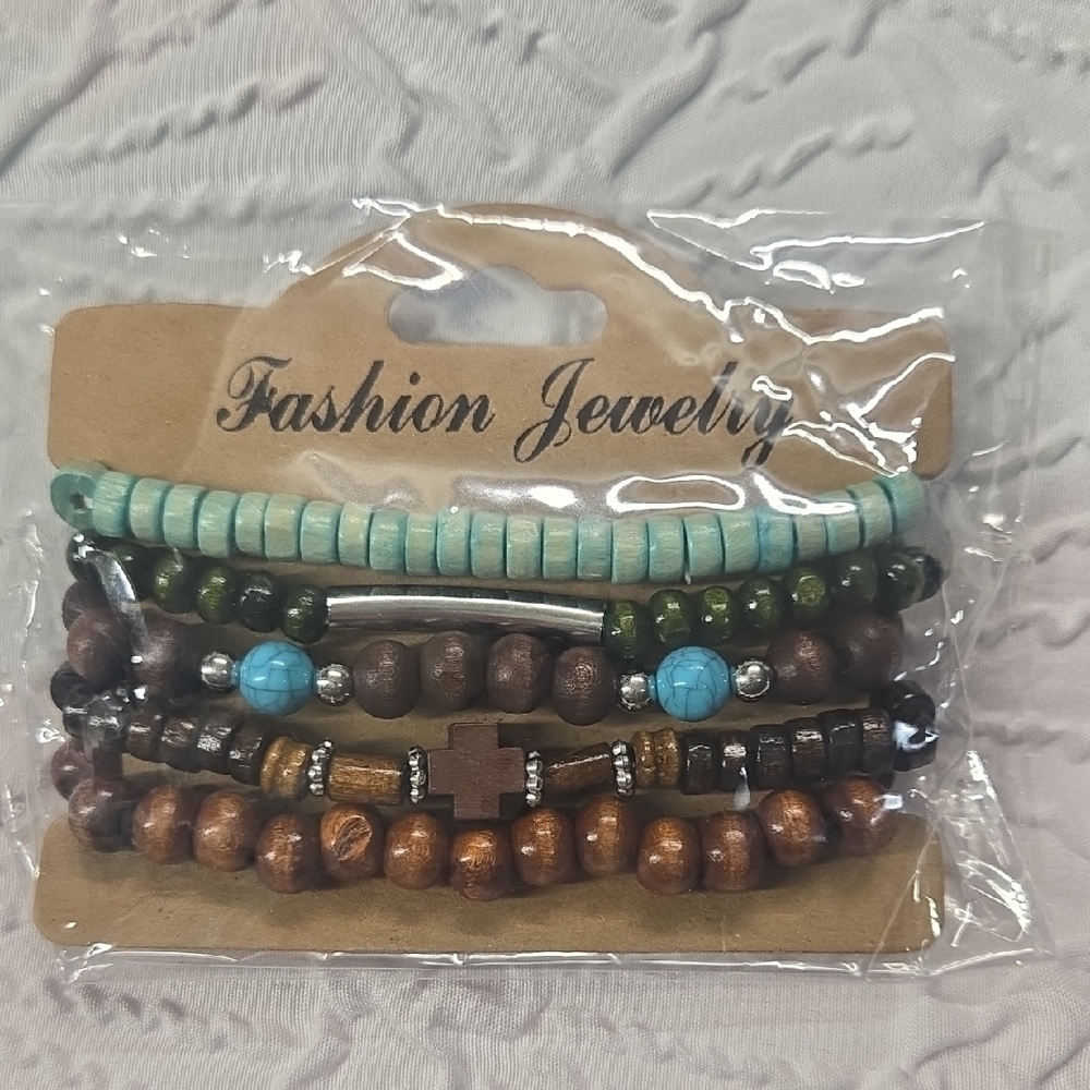 Fashion Jewelry Turquoise Color and Brown Beaded Bracelet Set